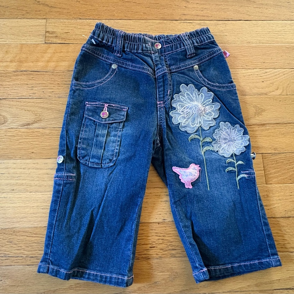 Barbie Kids Blue Jeans with Floral and Bird Embroidery Size 4
